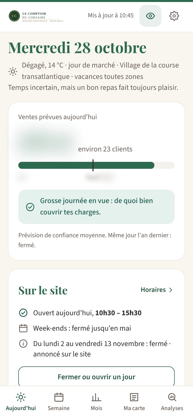 L'écran Aujourd'hui de la démo de Kiosque sur téléphone, au nom du restaurant fictif Le Comptoir du Corsaire : la date, la météo et les événements du jour, les ventes prévues floutées, environ 23 clients attendus, et le message « Grosse journée en vue : de quoi bien couvrir tes charges ».