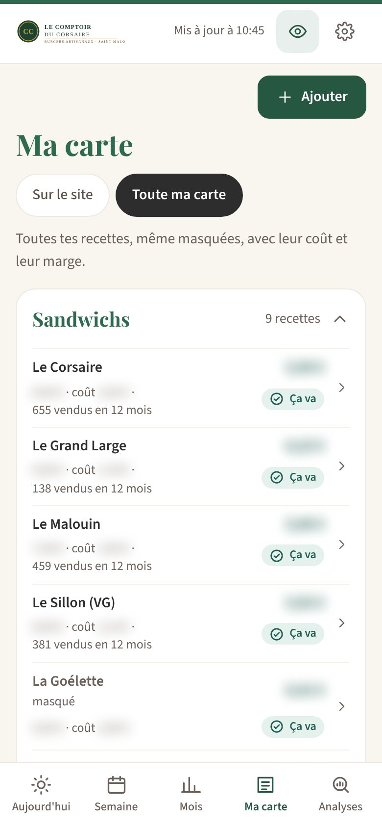 L'onglet Ma carte de la démo, vue « Toute ma carte » : des sandwichs fictifs avec leur prix et leur coût floutés, le nombre vendu en douze mois et la pastille « Ça va ».