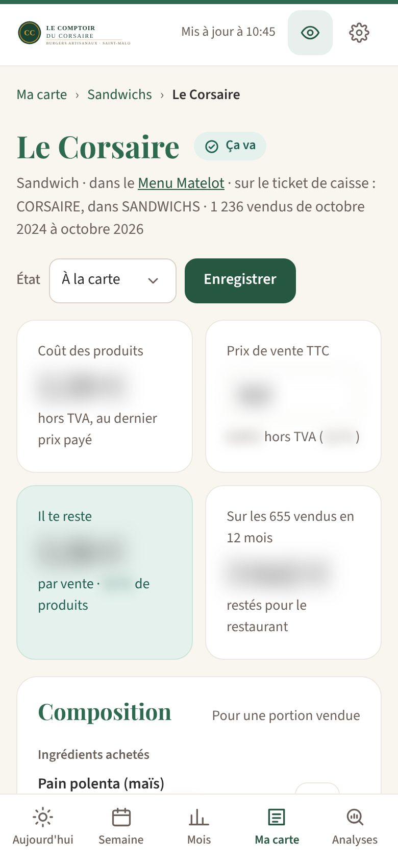 La fiche d'un sandwich fictif de la démo : coût des produits, prix de vente, « Il te reste » par vente et total sur douze mois, tous floutés, puis la composition.