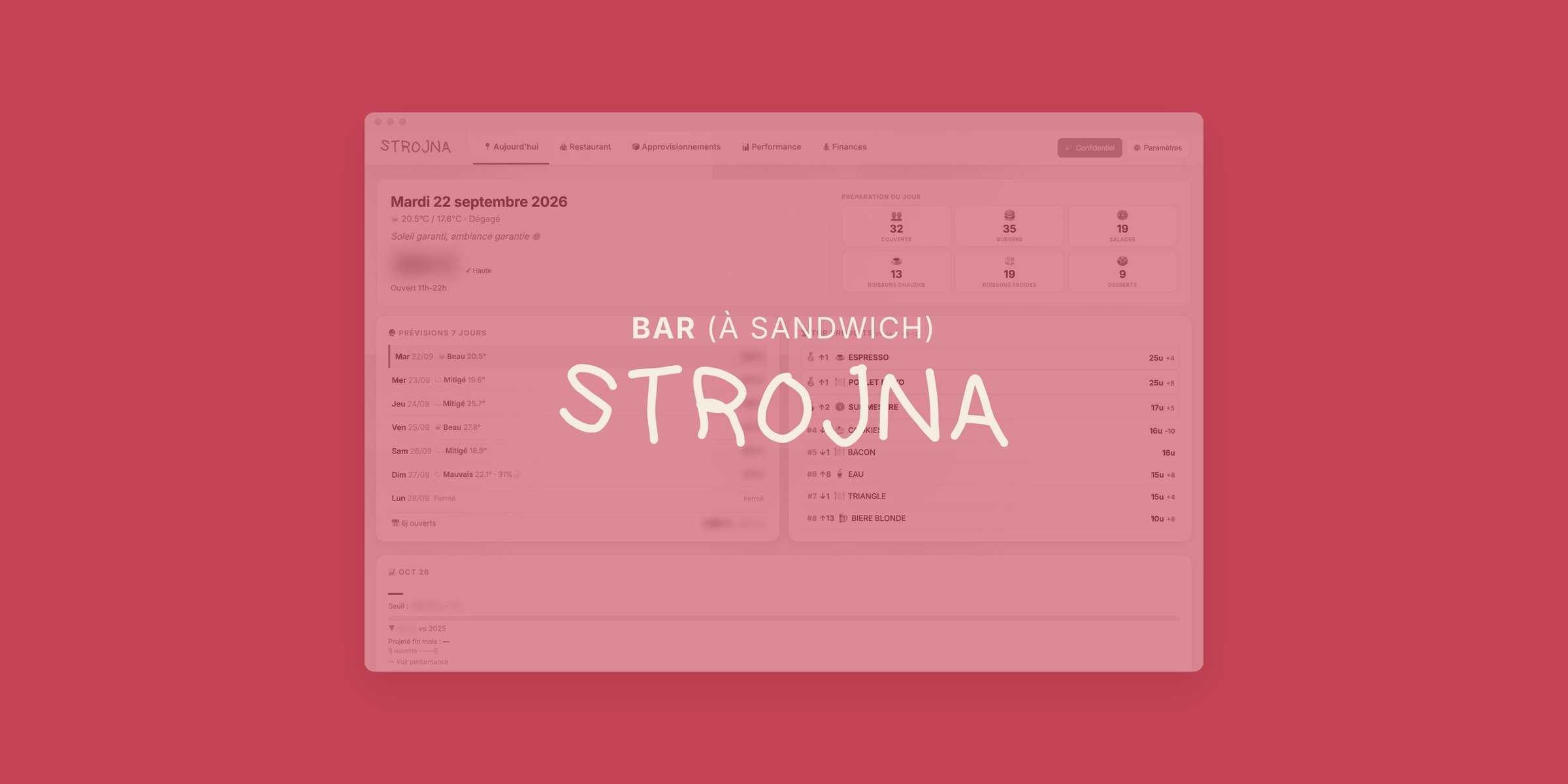 Le logo manuscrit de Strojna en crème sur un aplat rose, devant le tableau de bord Kiosque aux couleurs du restaurant.