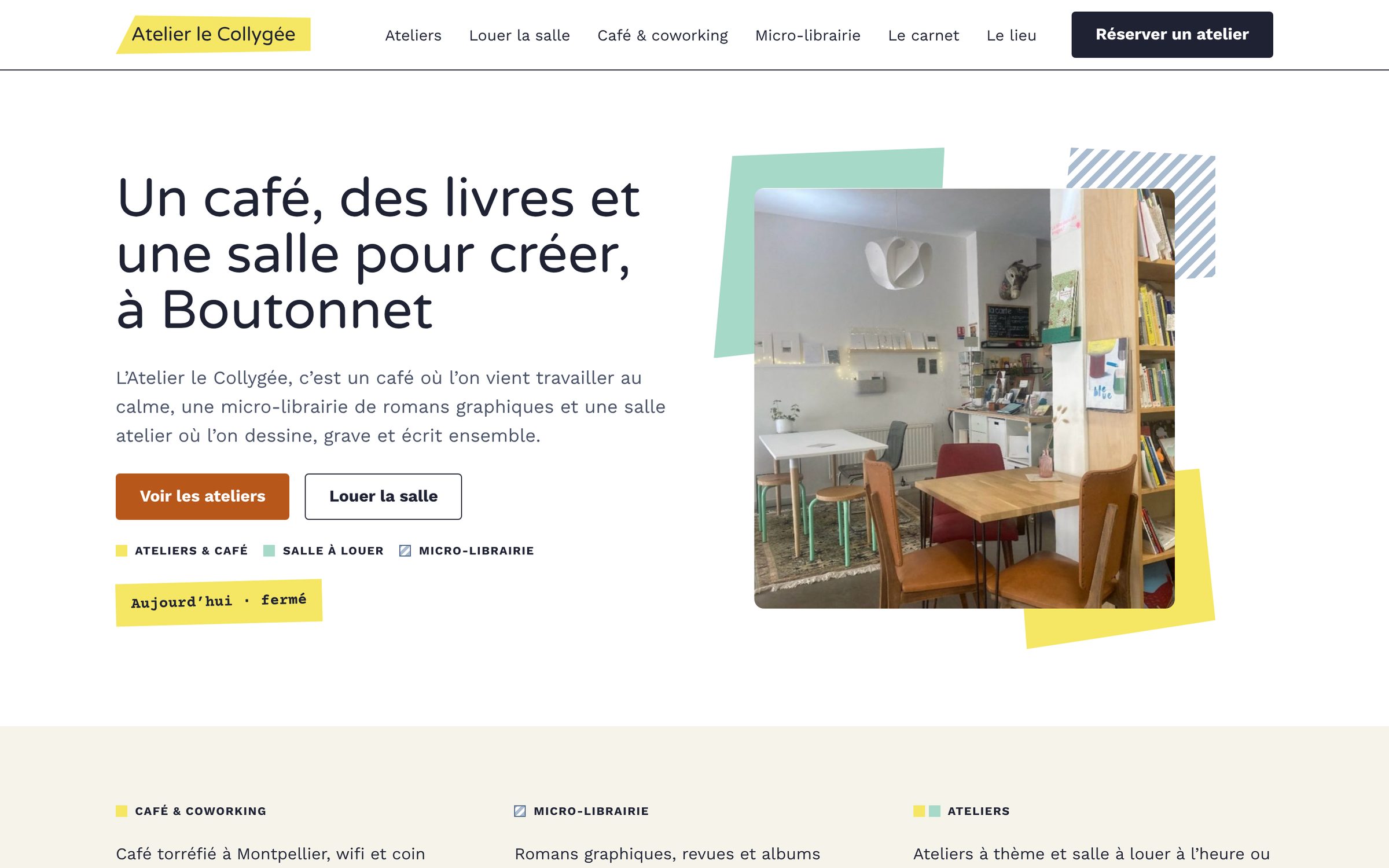 La page d'accueil du site&nbsp;: le titre «&nbsp;Un café, des livres et une salle pour créer, à Boutonnet&nbsp;», les boutons Voir les ateliers et Louer la salle, et une photo de la salle du café.