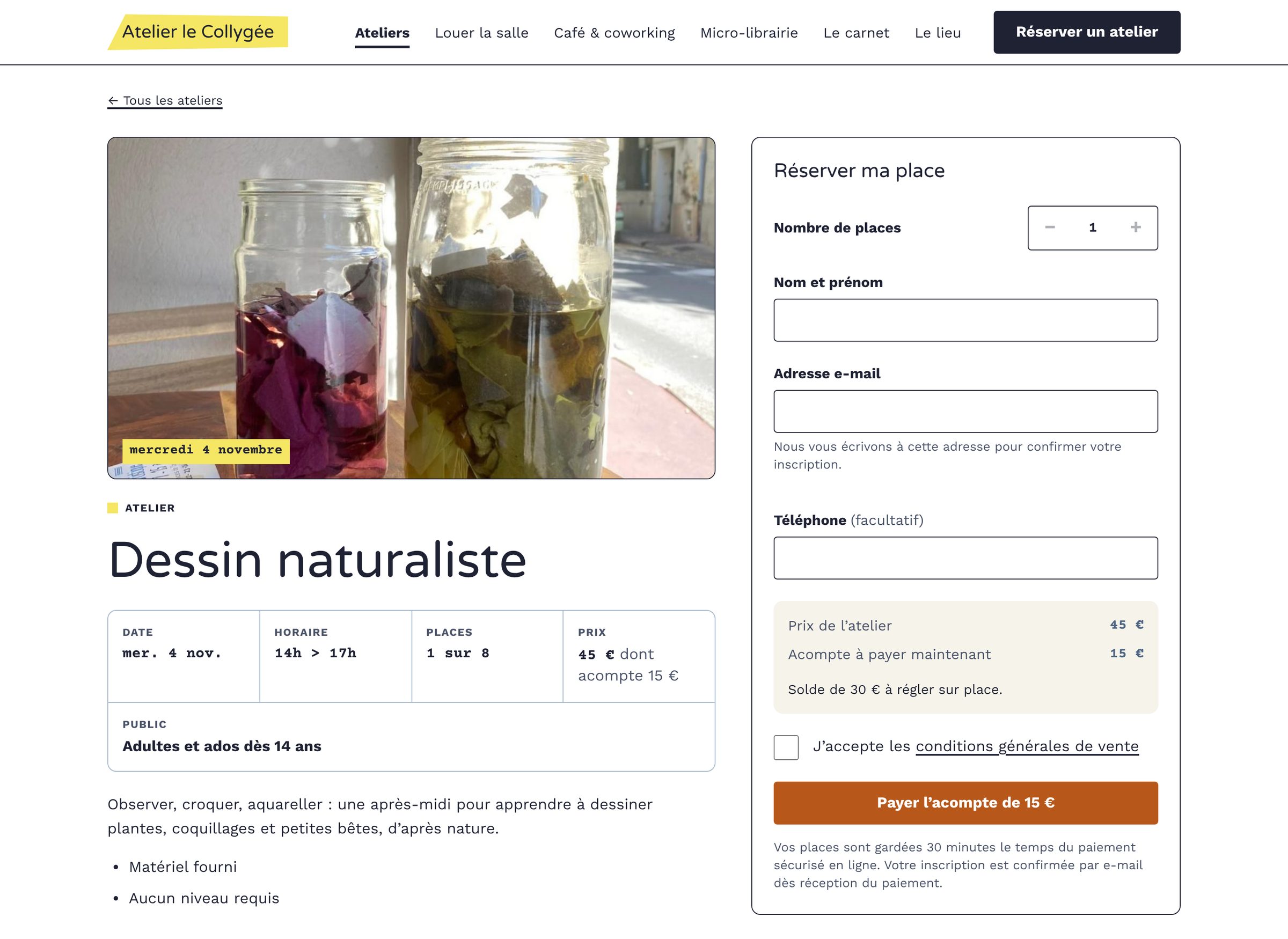 La page d'un atelier de démonstration&nbsp;: date, horaire, places restantes, prix, et à droite le formulaire «&nbsp;Réserver ma place&nbsp;» avec l'acompte à payer et le solde à régler sur place.