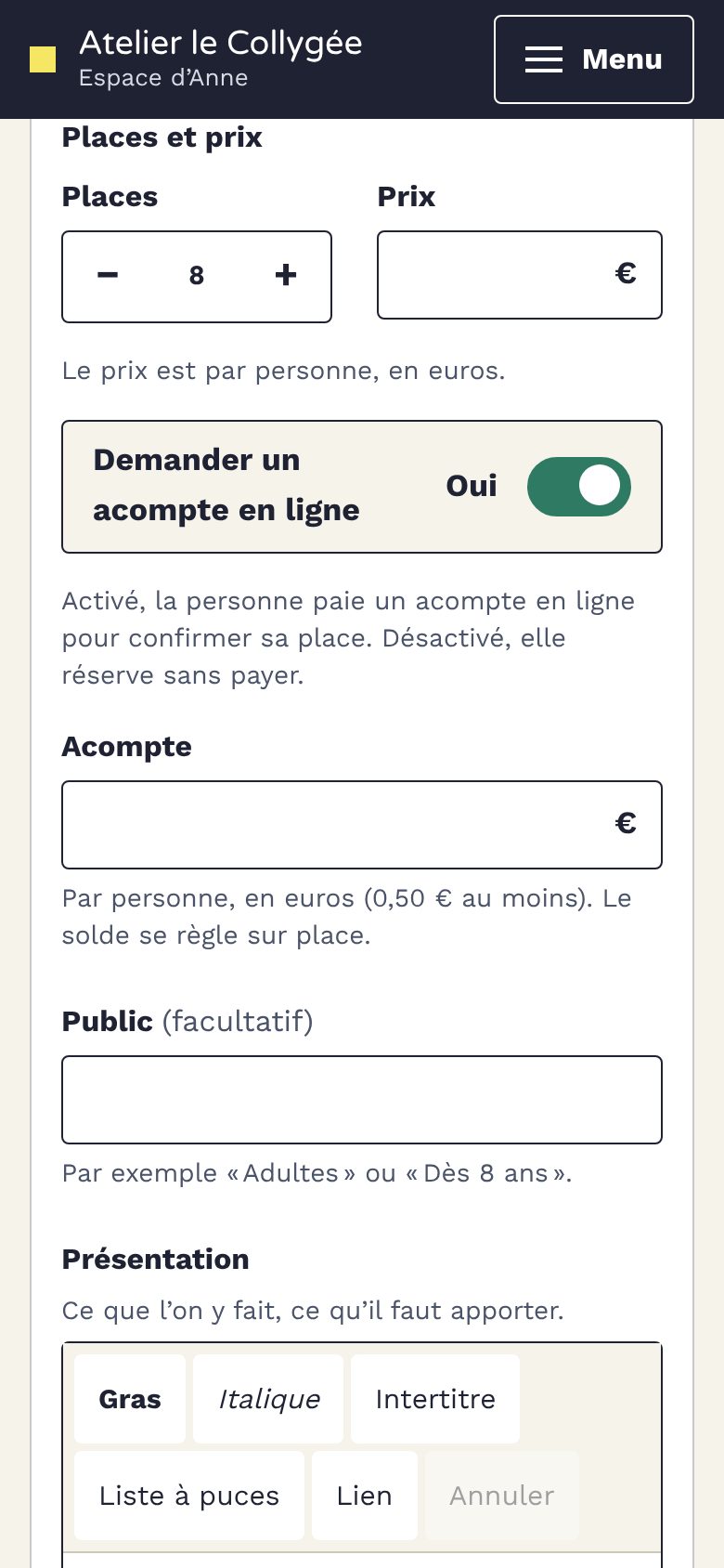 Le formulaire de création d'un atelier sur téléphone&nbsp;: places, prix par personne, interrupteur «&nbsp;Demander un acompte en ligne&nbsp;» et montant de l'acompte.