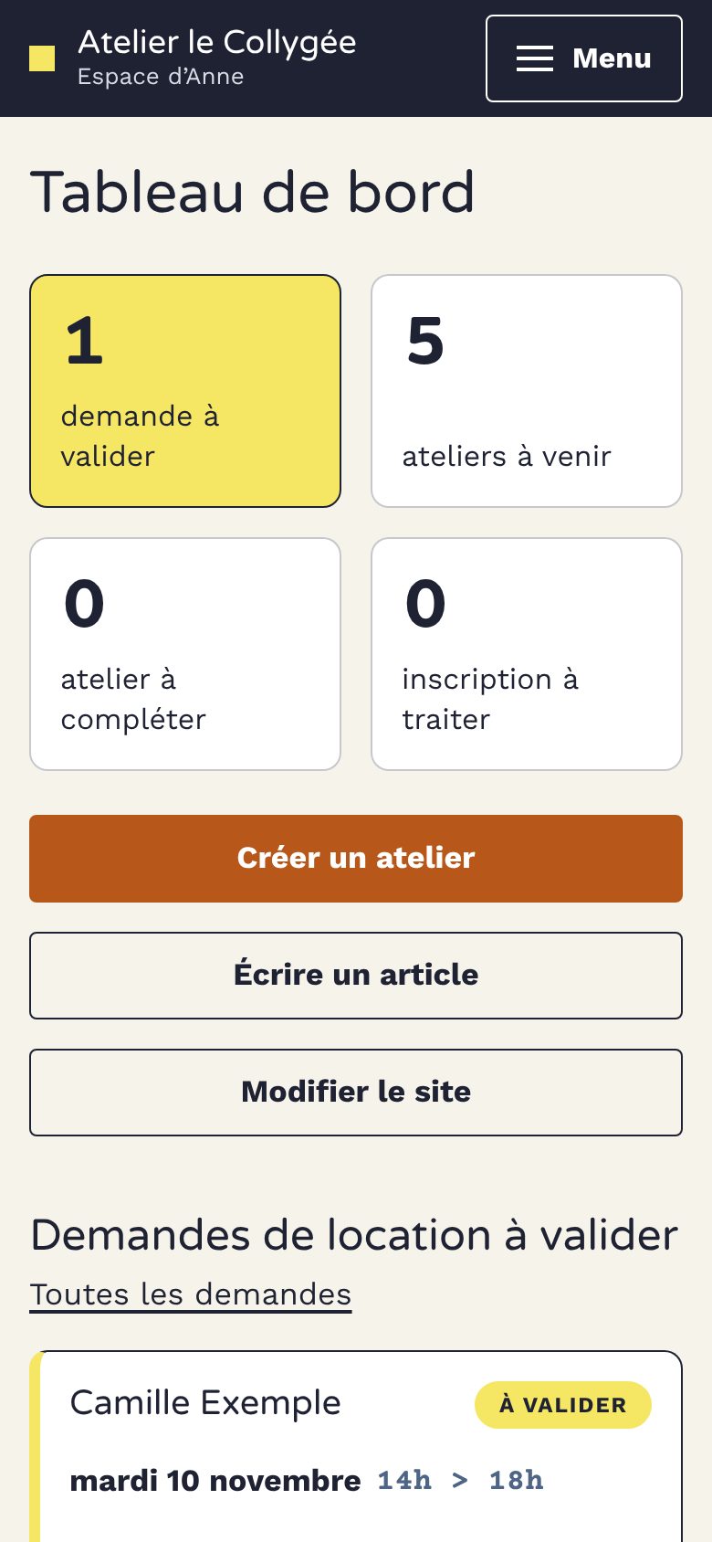 Le tableau de bord sur téléphone&nbsp;: quatre compteurs (1 demande à valider, 5 ateliers à venir, 0 atelier à compléter, 0 inscription à traiter), puis les boutons Créer un atelier, Écrire un article et Modifier le site.