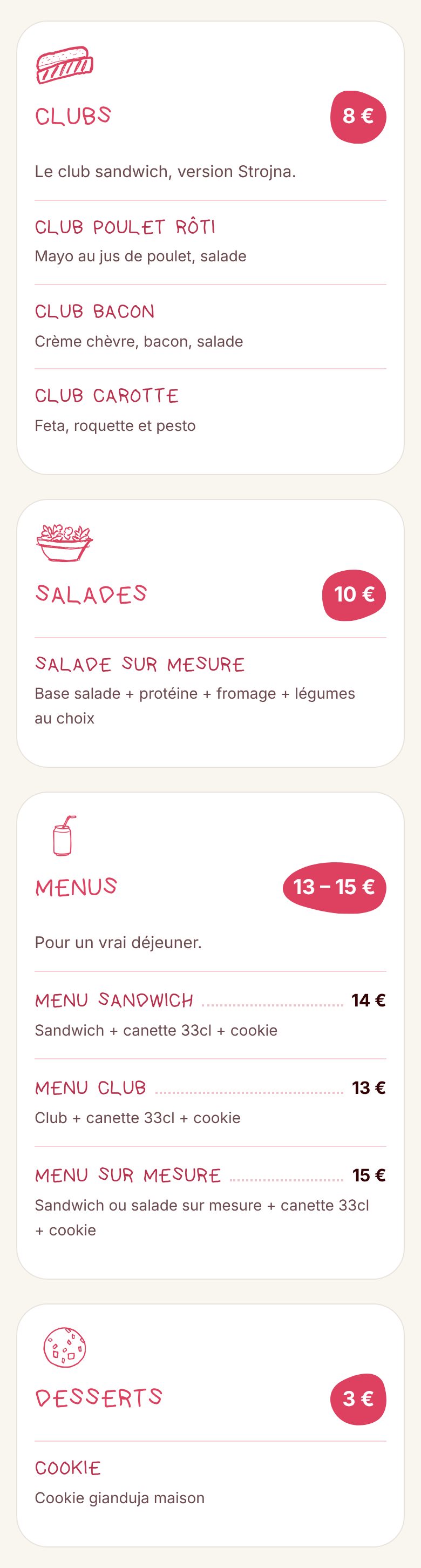 La carte du site de Strojna sur téléphone, des clubs aux desserts : chaque catégorie dans sa carte blanche, avec son dessin et son prix dans un galet rose (clubs 8 €, salades 10 €, menus 13 – 15 €, desserts 3 €), puis ses plats, leurs prix quand ils varient et leurs descriptions.