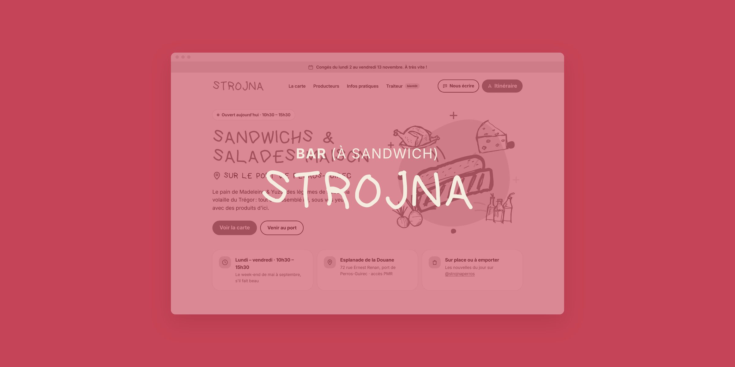 Le logo manuscrit de Strojna en crème sur un aplat rose, devant la page d'accueil du site vitrine du restaurant.