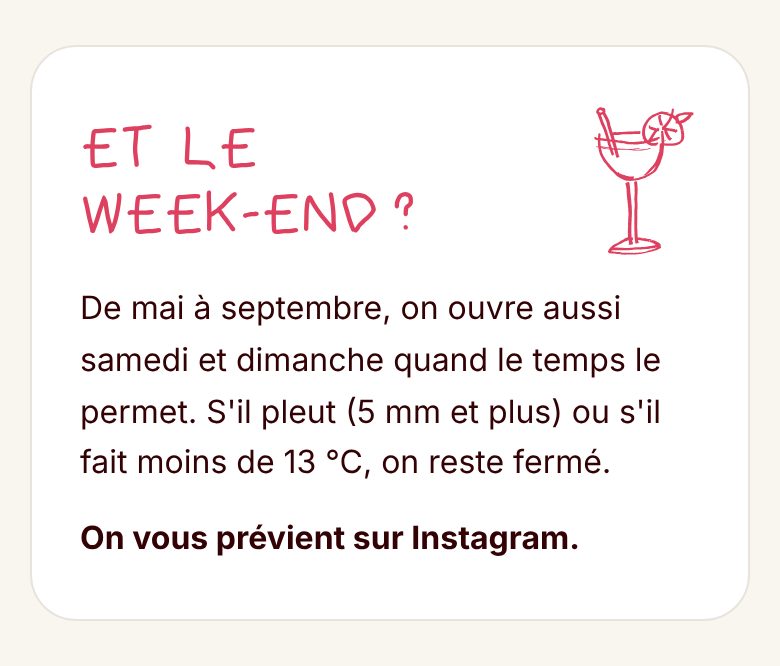 L'encadré « Et le week-end ? » du site sur téléphone, illustré d'un cocktail : de mai à septembre, on ouvre samedi et dimanche quand le temps le permet, on vous prévient sur Instagram.